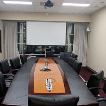 Formal conference room with remote meeting technology