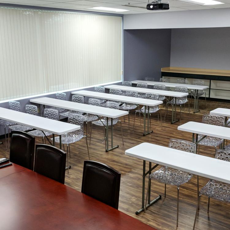 Configured with tables for training sessions