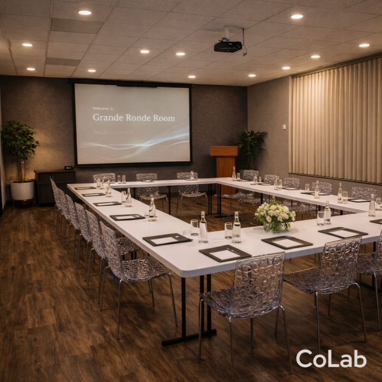 Professionally styled conference room with flexible space, tables, modern clear chairs, and presentation screen, designed for collaborative meetings and training sessions